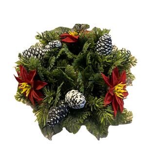 Vintage Christmas Candle Ring Wreath Plastic Poinsettia Pinecones Holiday Decor